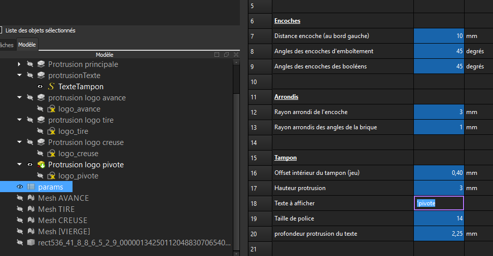 Dans FreeCAD, un onglet type Excel récapitule les valeurs de toutes les mesures